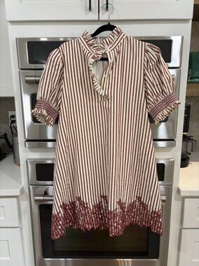 Entro Dark Red and Cream Striped with Embroidery Dress